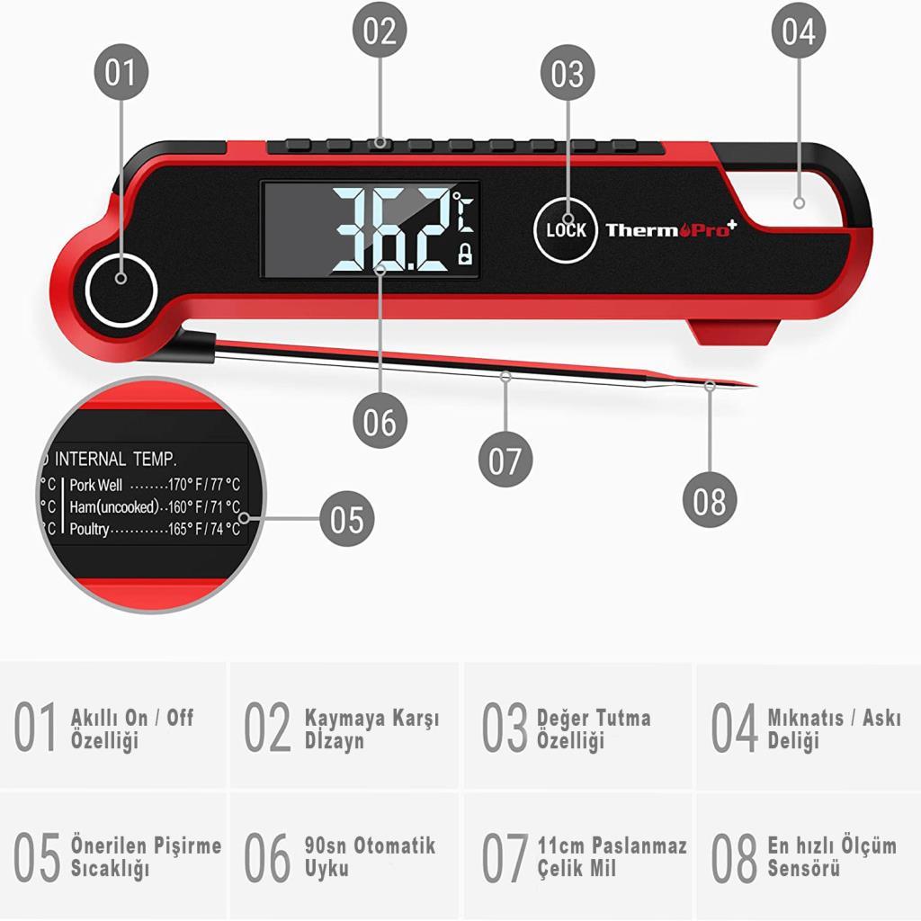 Thermopro TP620 Su Geçirmez Katlanabilir LED Ekranlı Gıda Pişirme Termometresi
