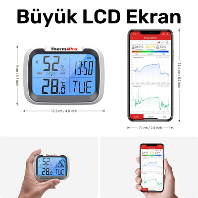 ThermoPro TP393B 7" Wi-Fi İç ve Dış Mekan Sıcaklık, Nem, Basınç Ölçer Geniş Ekranlı Termometre