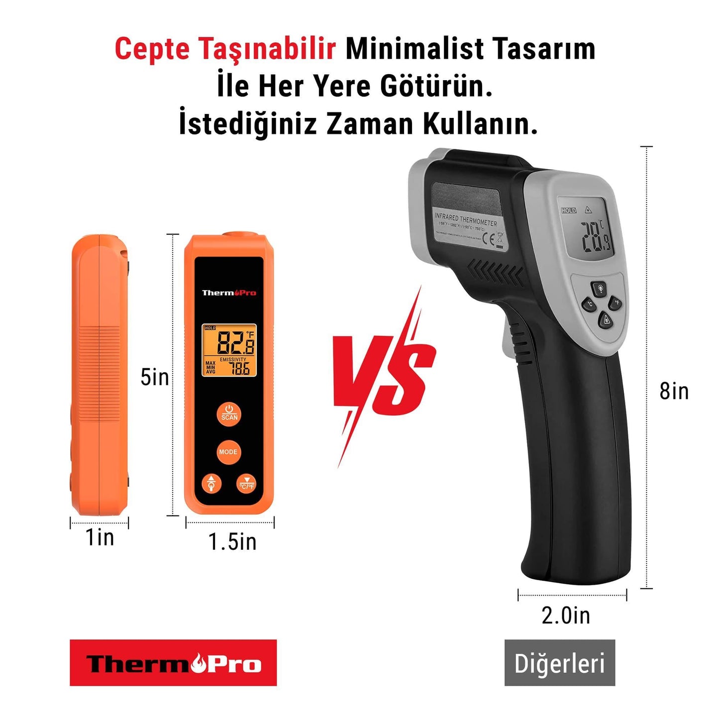 ThermoPro TP410 Mini Cep Boy Taşınabilir Endüstriyel Kızılötesi Katı-Sıvı Sıcaklık Ölçer