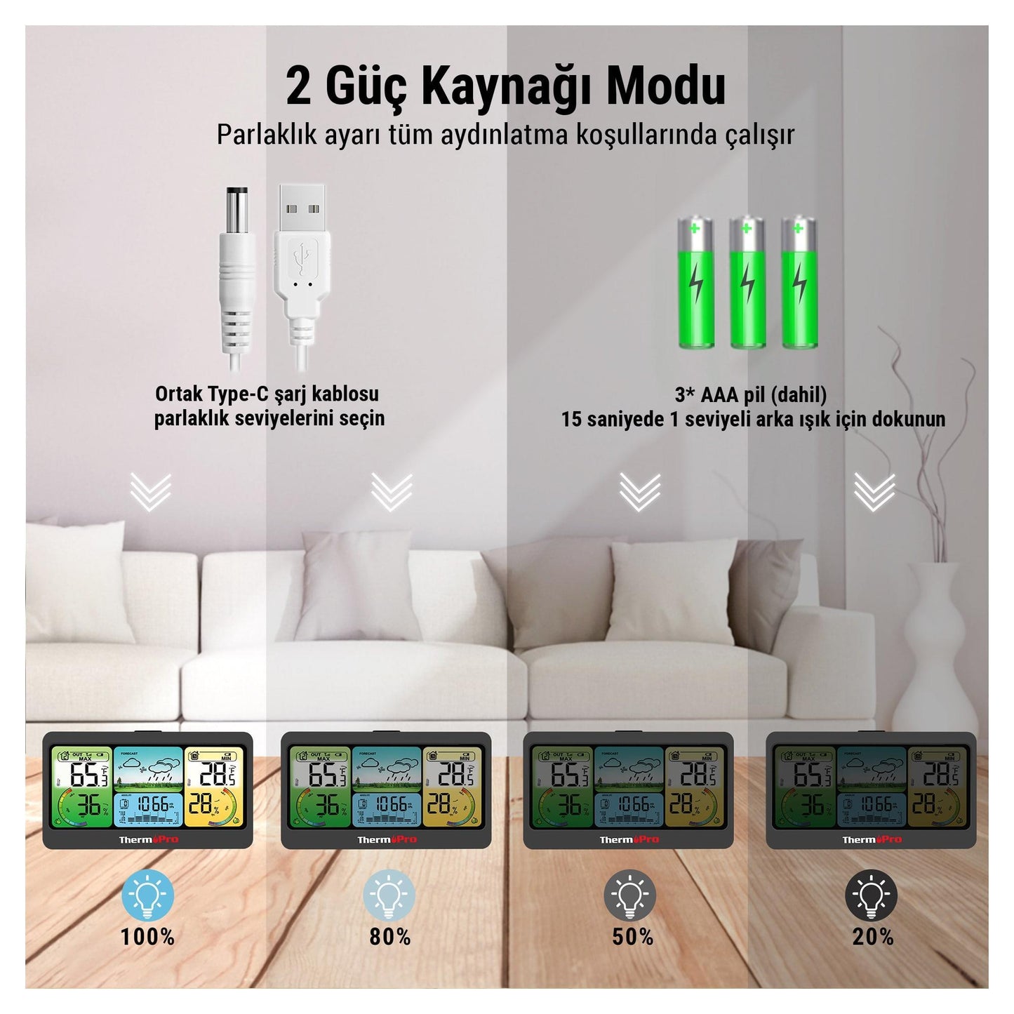 ThermoPro TP280B 7" Wi-Fi İç ve Dış Mekan Dijital Sıcaklık, Nem, Basınç Ölçer ve Hava Tahmin istasyonu