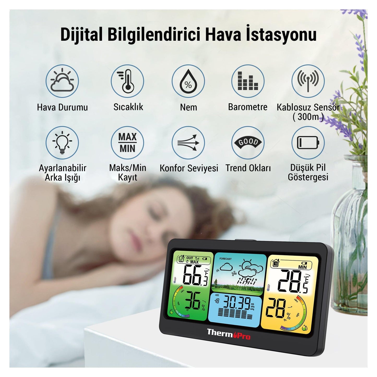 ThermoPro TP280B 7" Wi-Fi İç ve Dış Mekan Dijital Sıcaklık, Nem, Basınç Ölçer ve Hava Tahmin istasyonu