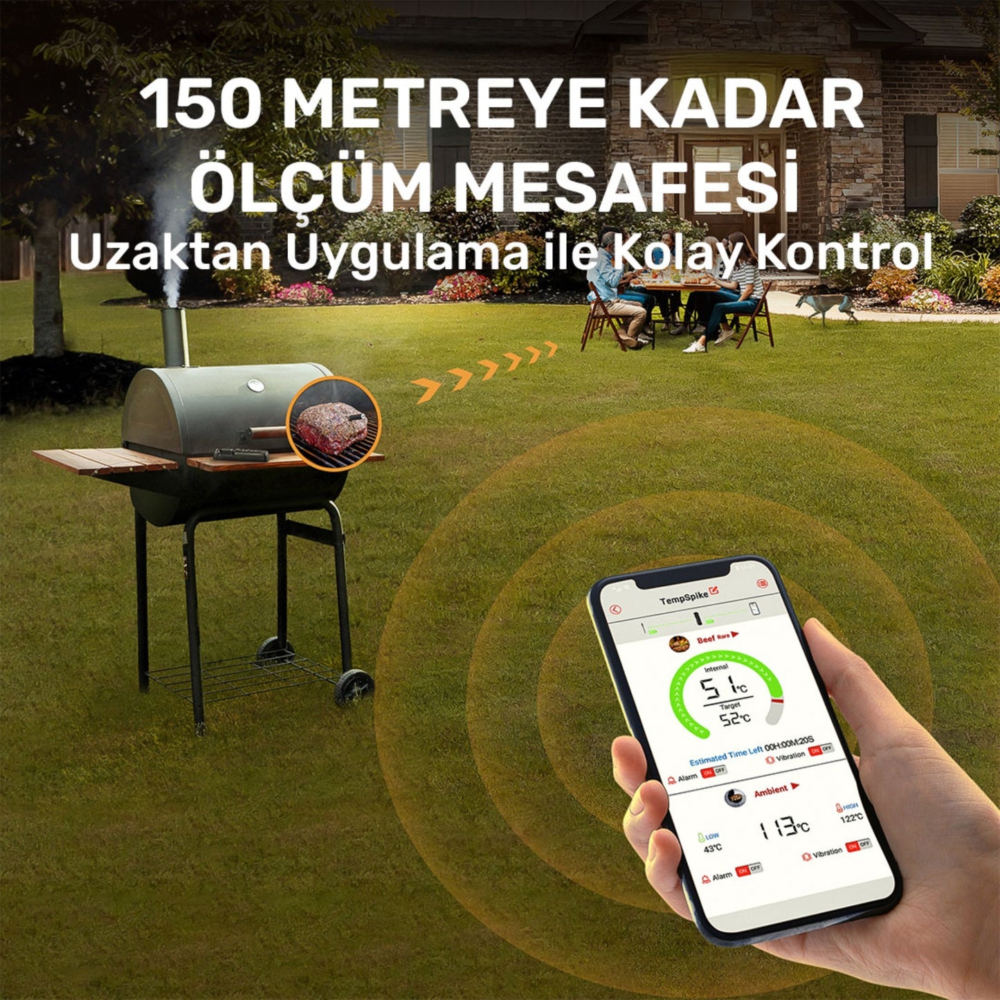 Thermopro TP961 Şarjlı 150m Kablosuz Alarmlı 1Problu Telefon Kontrollü Profesyonel Gıda Termometresi