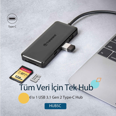 Transcend TS-HUB5C 2-Port Type-A,1-Port Type-C,1-Port PD,SD/MicroSD Gen 2 Type C HUB & Kart Okuyucu