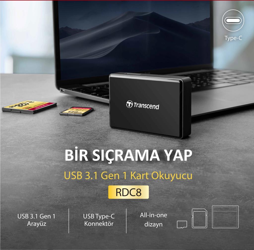 Transcend TS-RDC8K2 CF/SD/SDHC/SDXC/microSD Type-C Çoklu Kart Okuyucu
