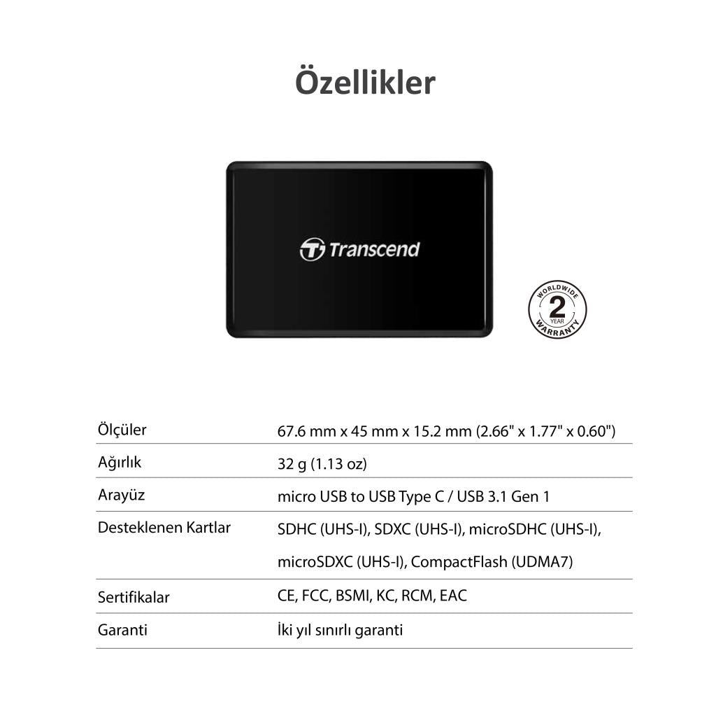 Transcend TS-RDC8K2 CF/SD/SDHC/SDXC/microSD Type-C Çoklu Kart Okuyucu