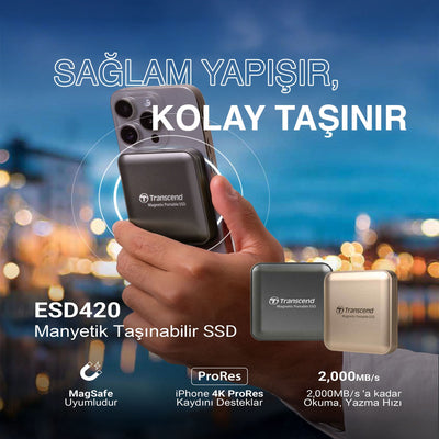 Transcend TS2TESD420G 2TB, USB,Type C, 20Gbps, 2000MB/s Magsafe Taşınabilir Harici SSD - Gold