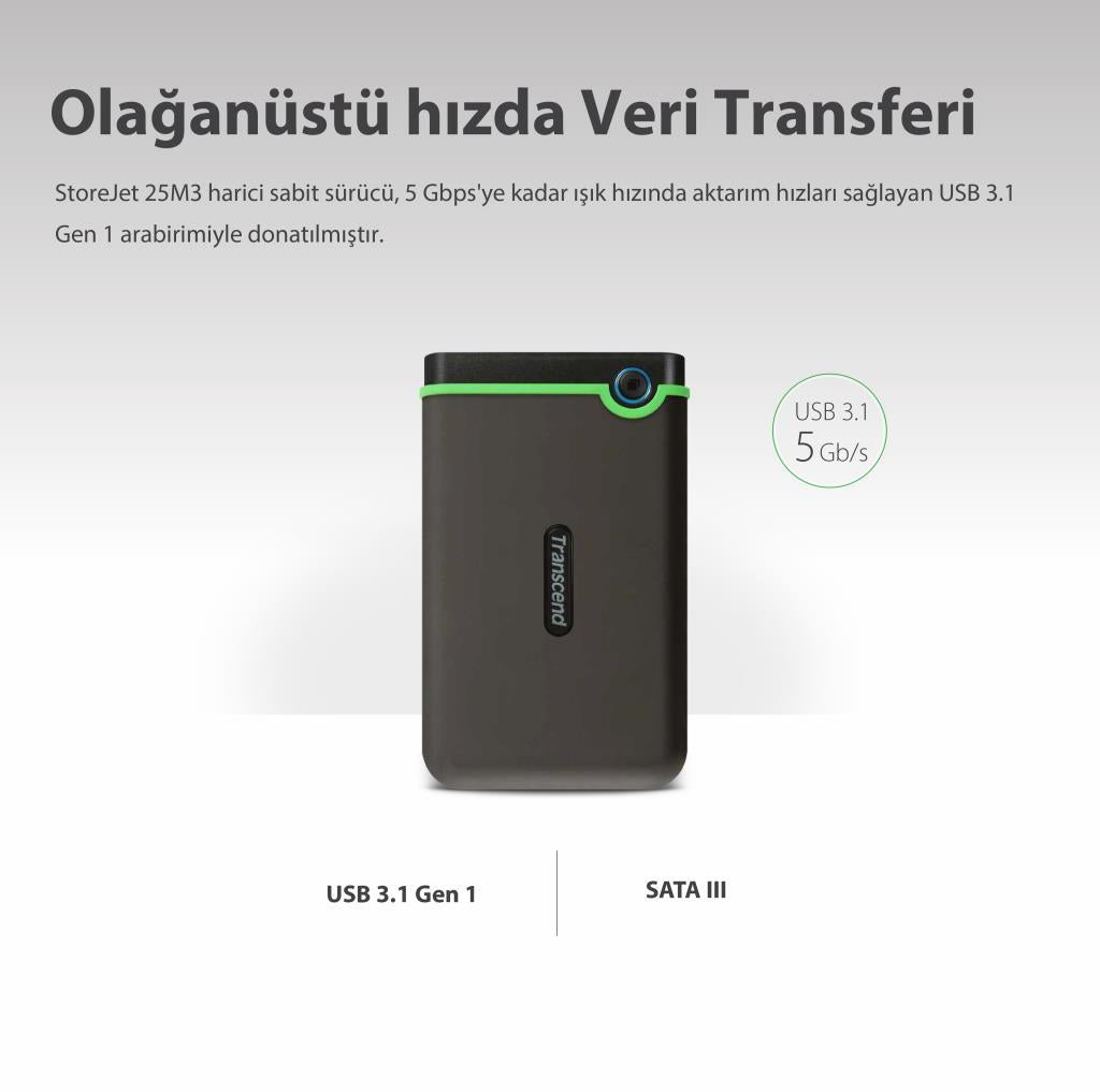 Transcend TS1TSJ25M3G 1TB 2.5" USB 3.1 StoreJet M3 Antişok Slim Taşınabilir Disk