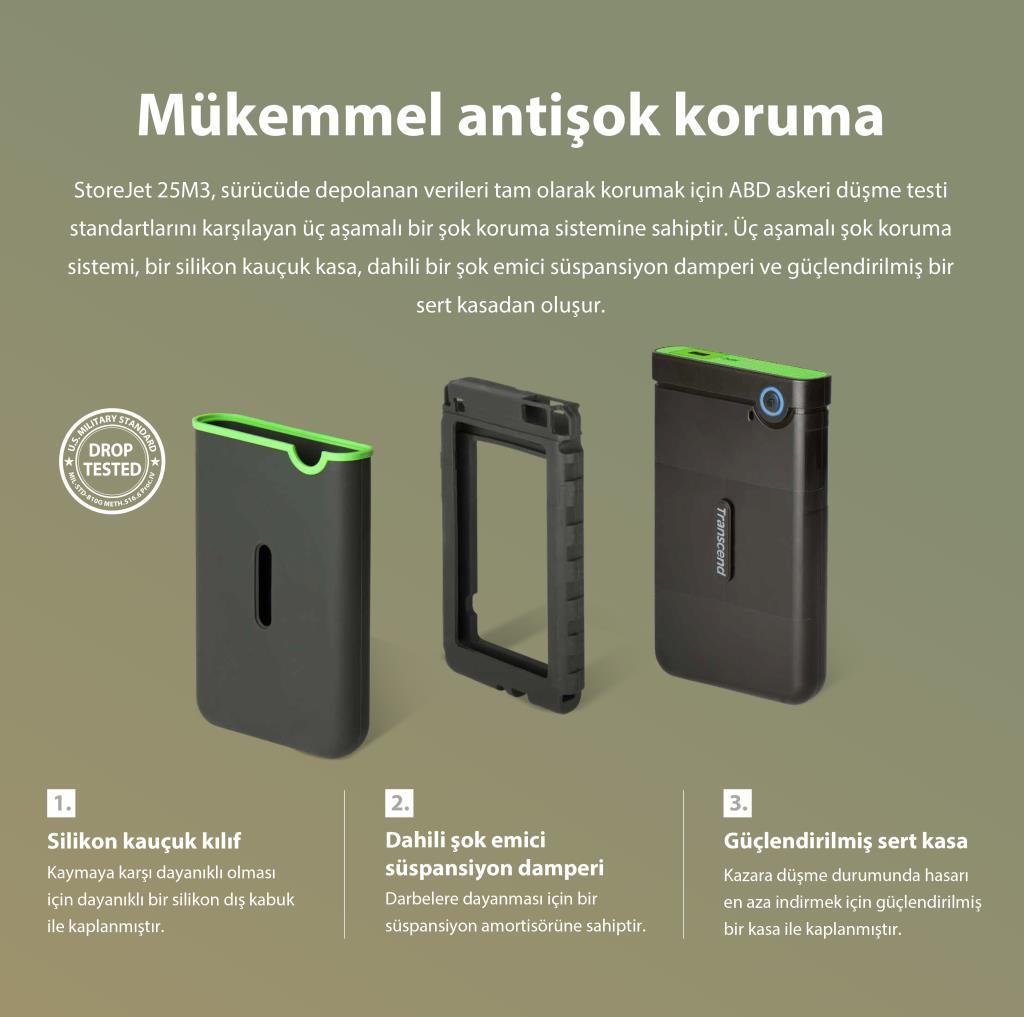 Transcend TS1TSJ25M3G 1TB 2.5" USB 3.1 StoreJet M3 Antişok Slim Taşınabilir Disk