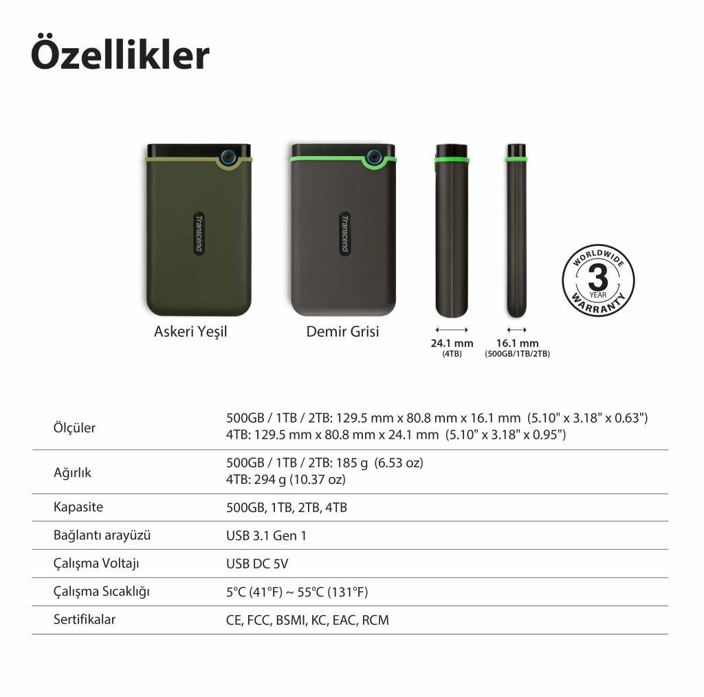Transcend TS1TSJ25M3G 1TB 2.5" USB 3.1 StoreJet M3 Antişok Slim Taşınabilir Disk
