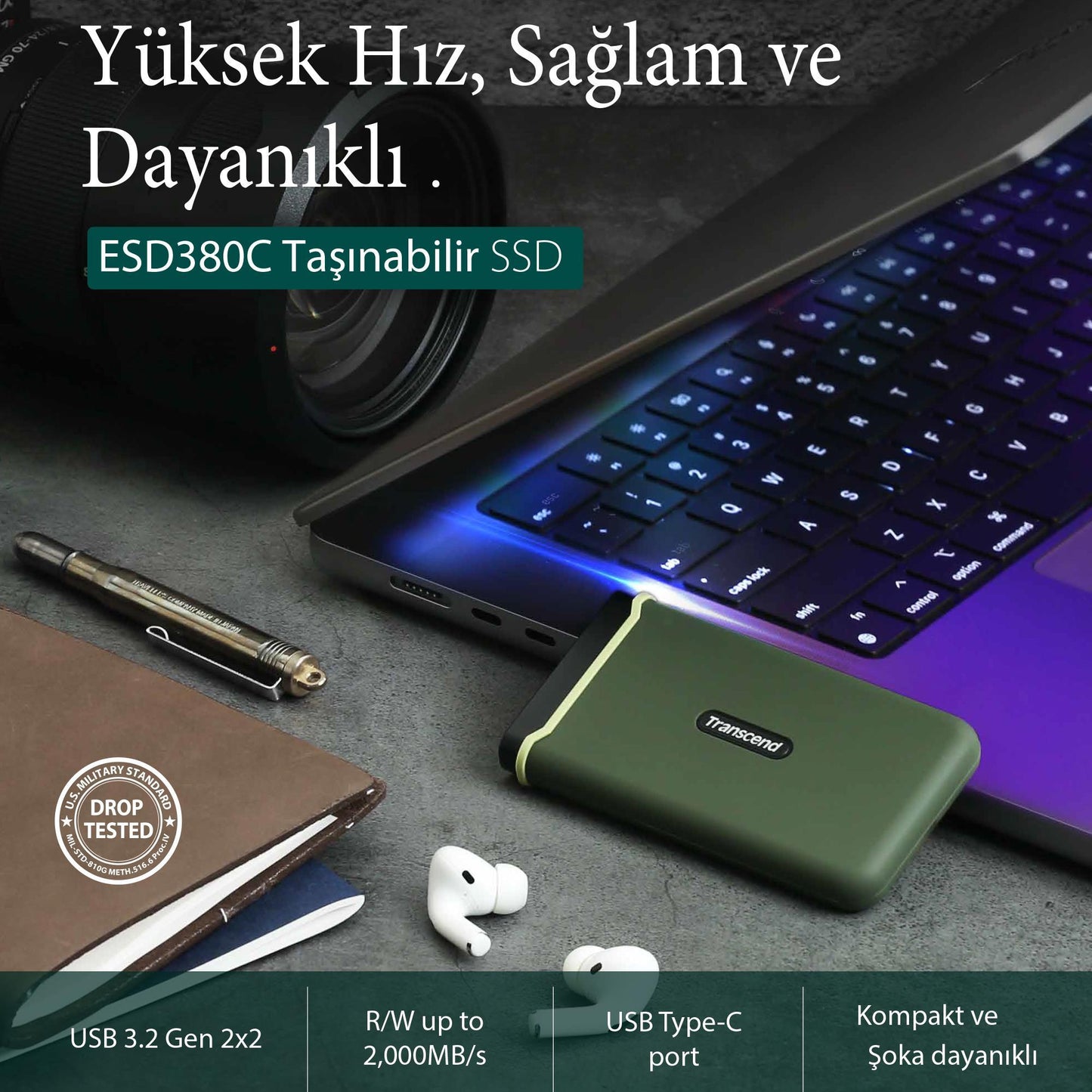 Transcend TS4TESD380C 4TB Nvme 2000mb/s PCIe M.2 Gen 2 Type C Taşınabilir SSD