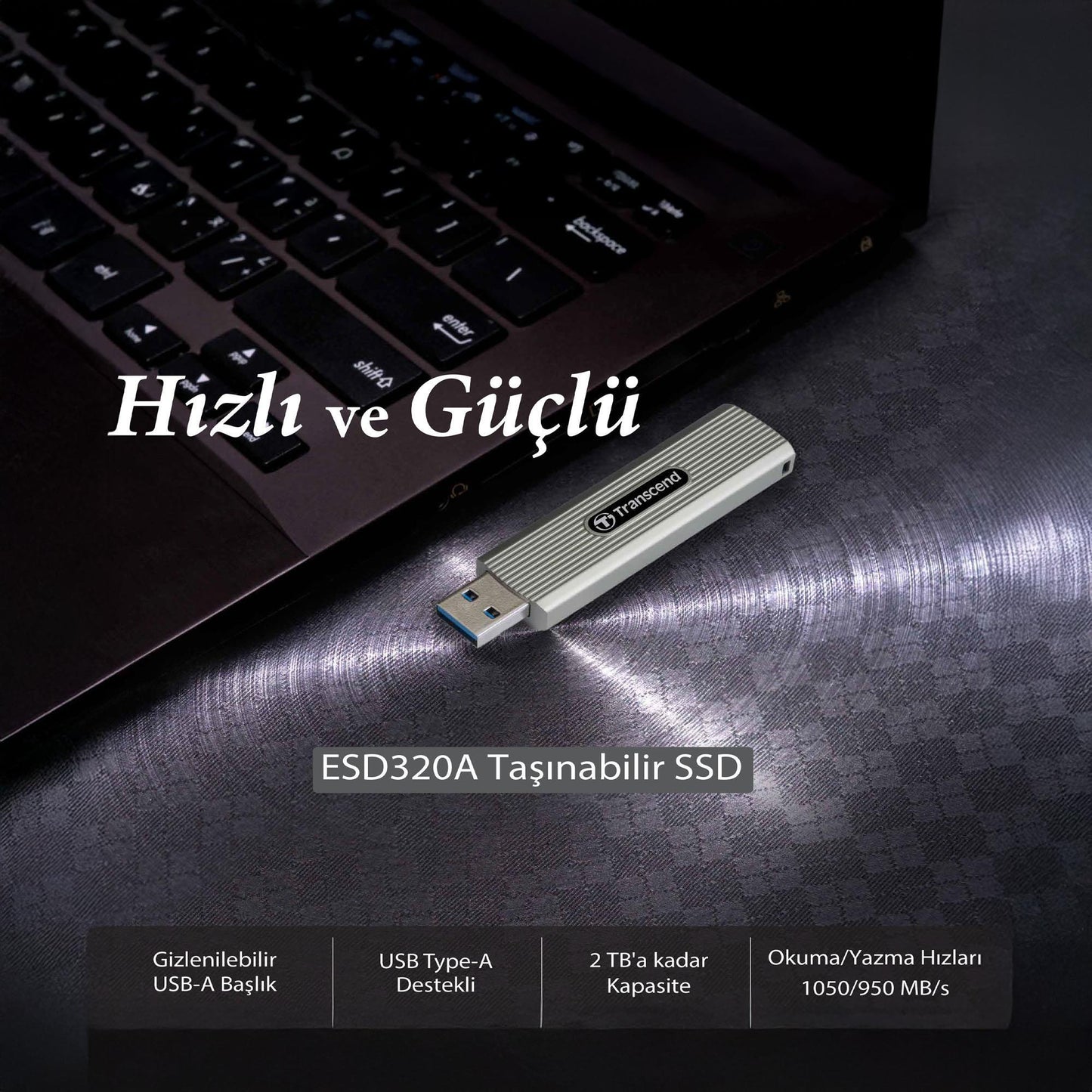 Transcend USB 10Gbps 1050/950MB/s Gizlenebilir Başlıklı Taşınabilir Metal Kasa SSD