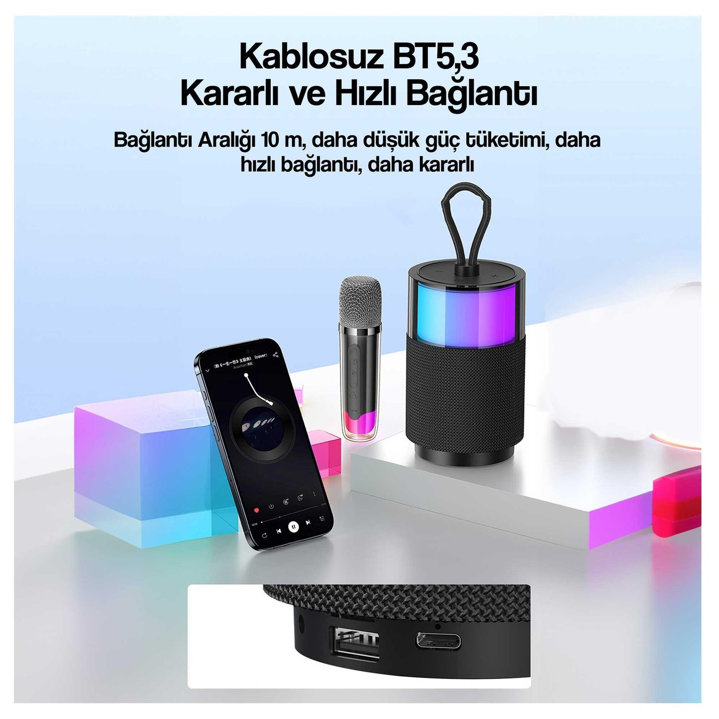 Usams Şarjlı Taşınabilir RGB BT5.3 360 Derece Stereo Bluetooth Hoparlör ve Kareoke Mikrofonu