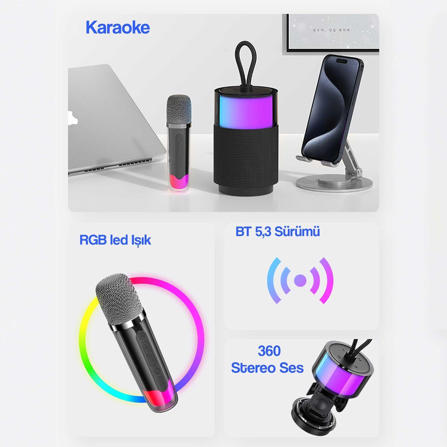 Usams Şarjlı Taşınabilir RGB BT5.3 360 Derece Stereo Bluetooth Hoparlör ve Kareoke Mikrofonu