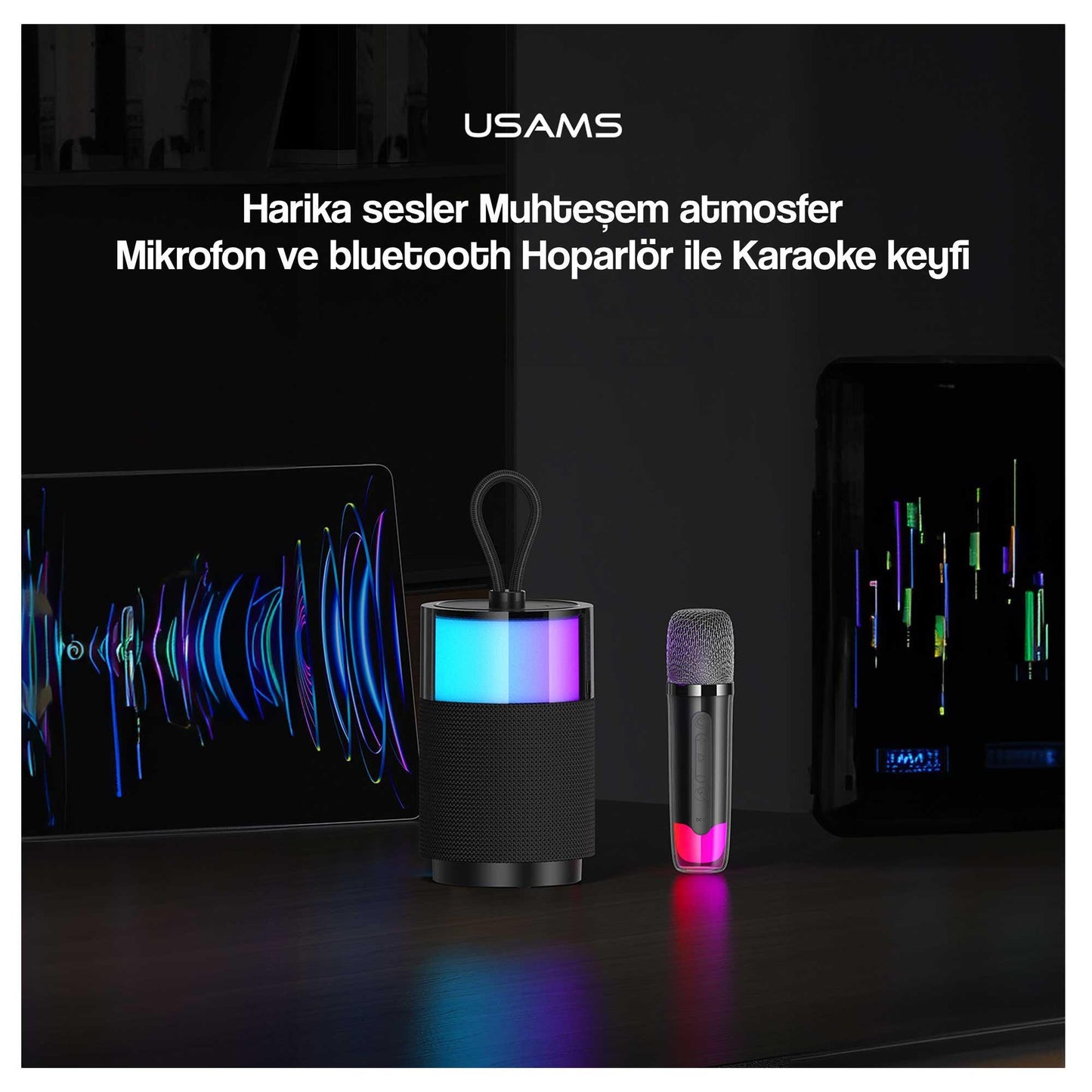 Usams Şarjlı Taşınabilir RGB BT5.3 360 Derece Stereo Bluetooth Hoparlör ve Kareoke Mikrofonu
