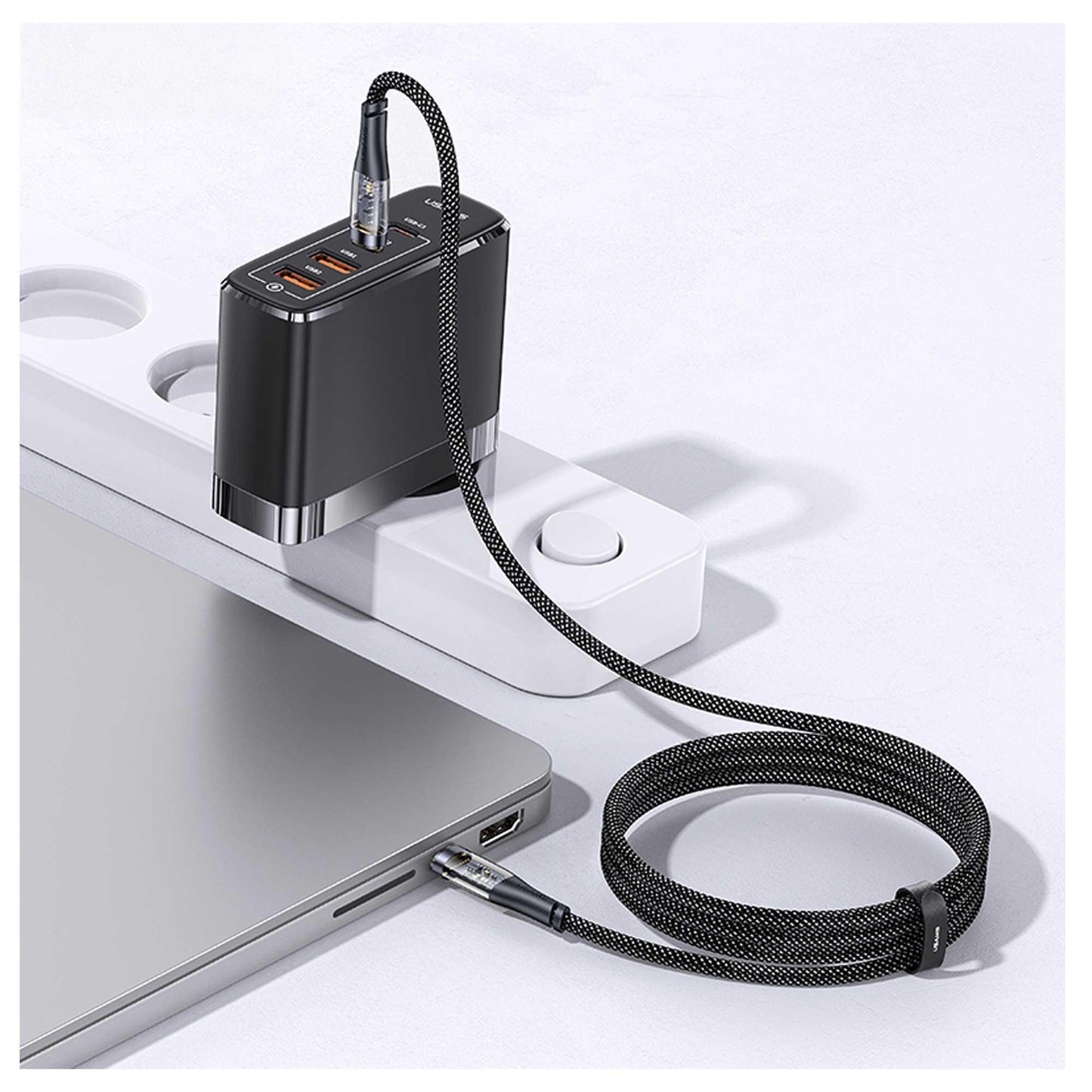 USAMS SJ574 Type-C To Type-C PD 100W Şeffaf Çipli Örgülü Hızlı Şarj ve Data Kablosu Siyah