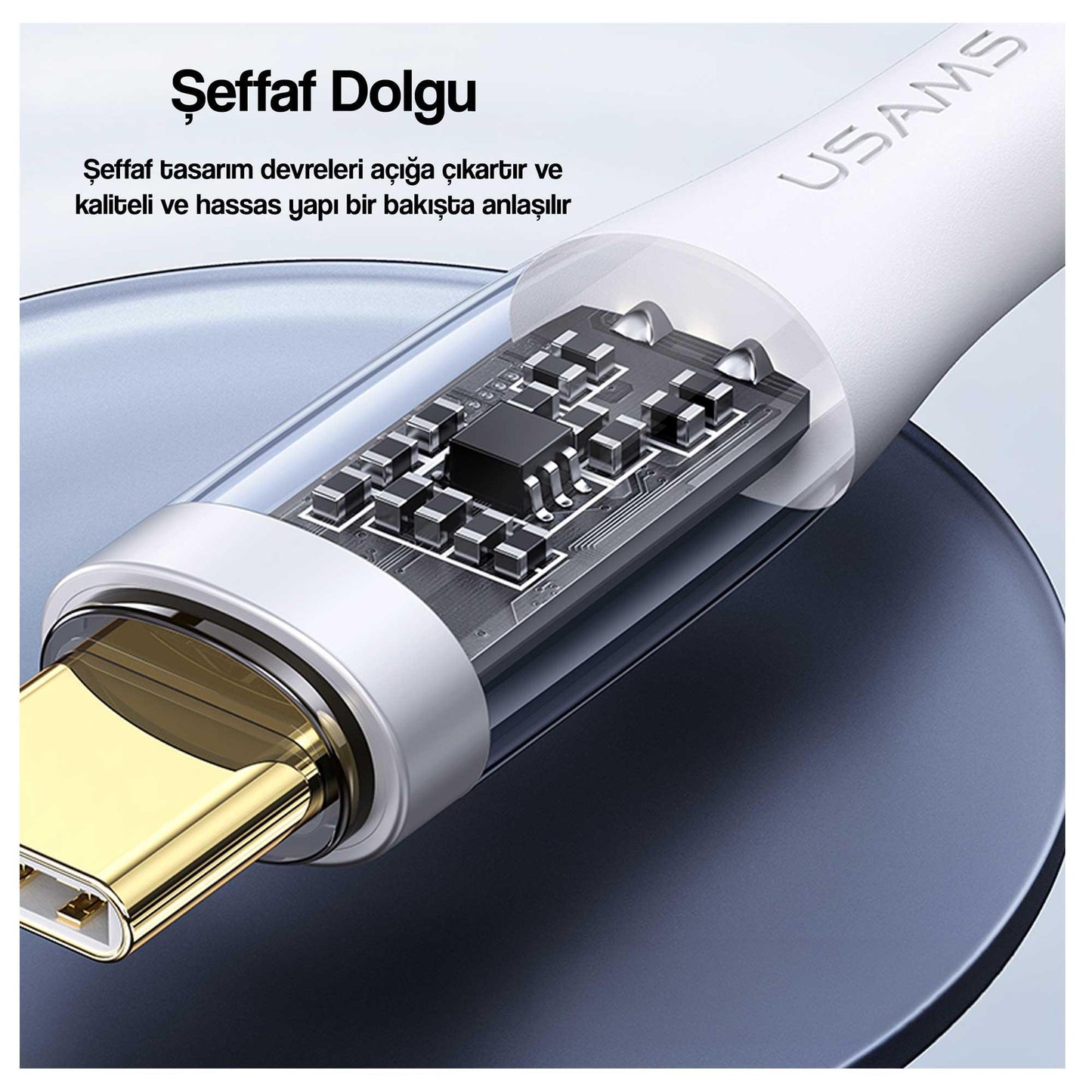 USAMS SJ574 Type-C To Type-C PD 100W Şeffaf Çipli Örgülü Hızlı Şarj ve Data Kablosu Siyah