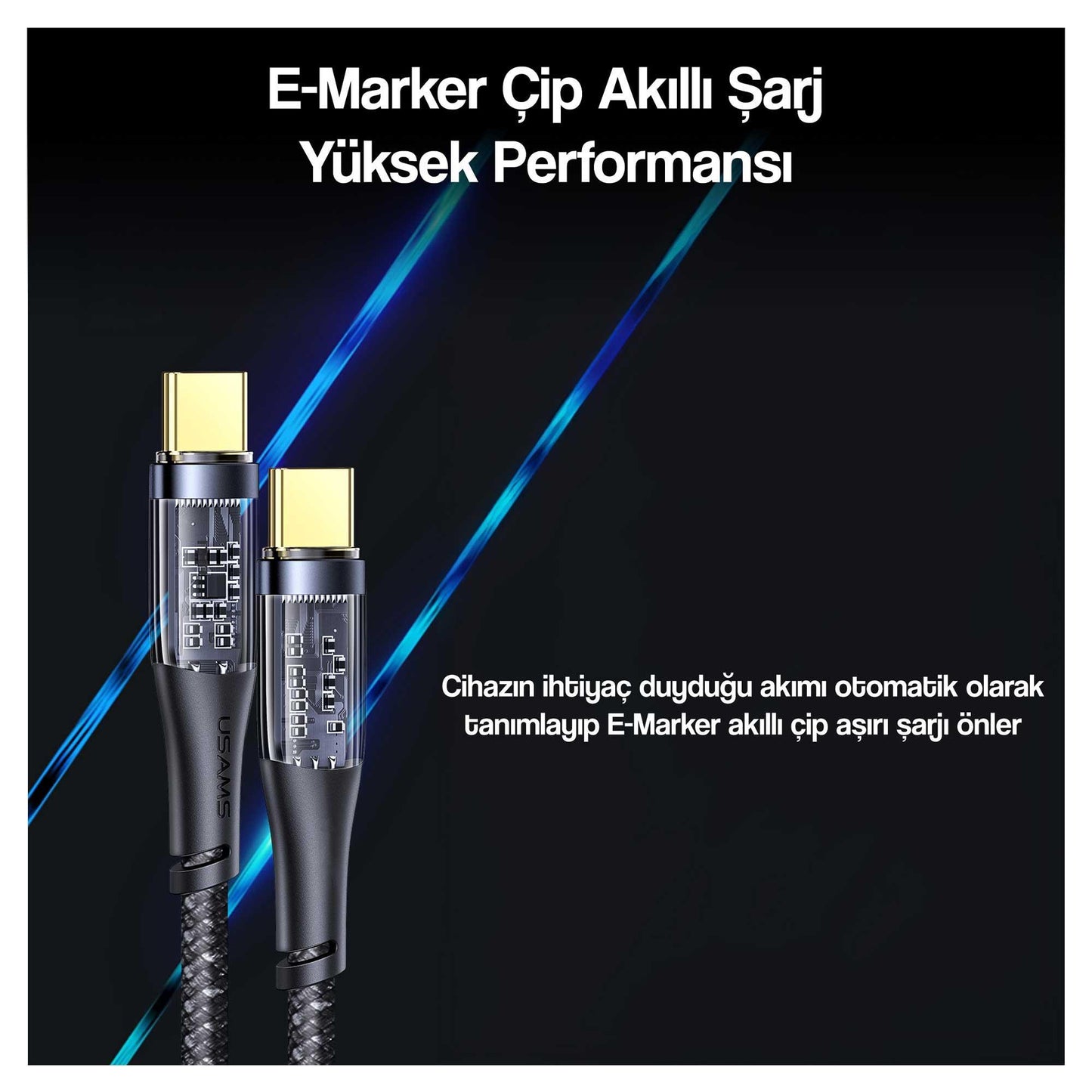 USAMS SJ574 Type-C To Type-C PD 100W Şeffaf Çipli Örgülü Hızlı Şarj ve Data Kablosu Siyah