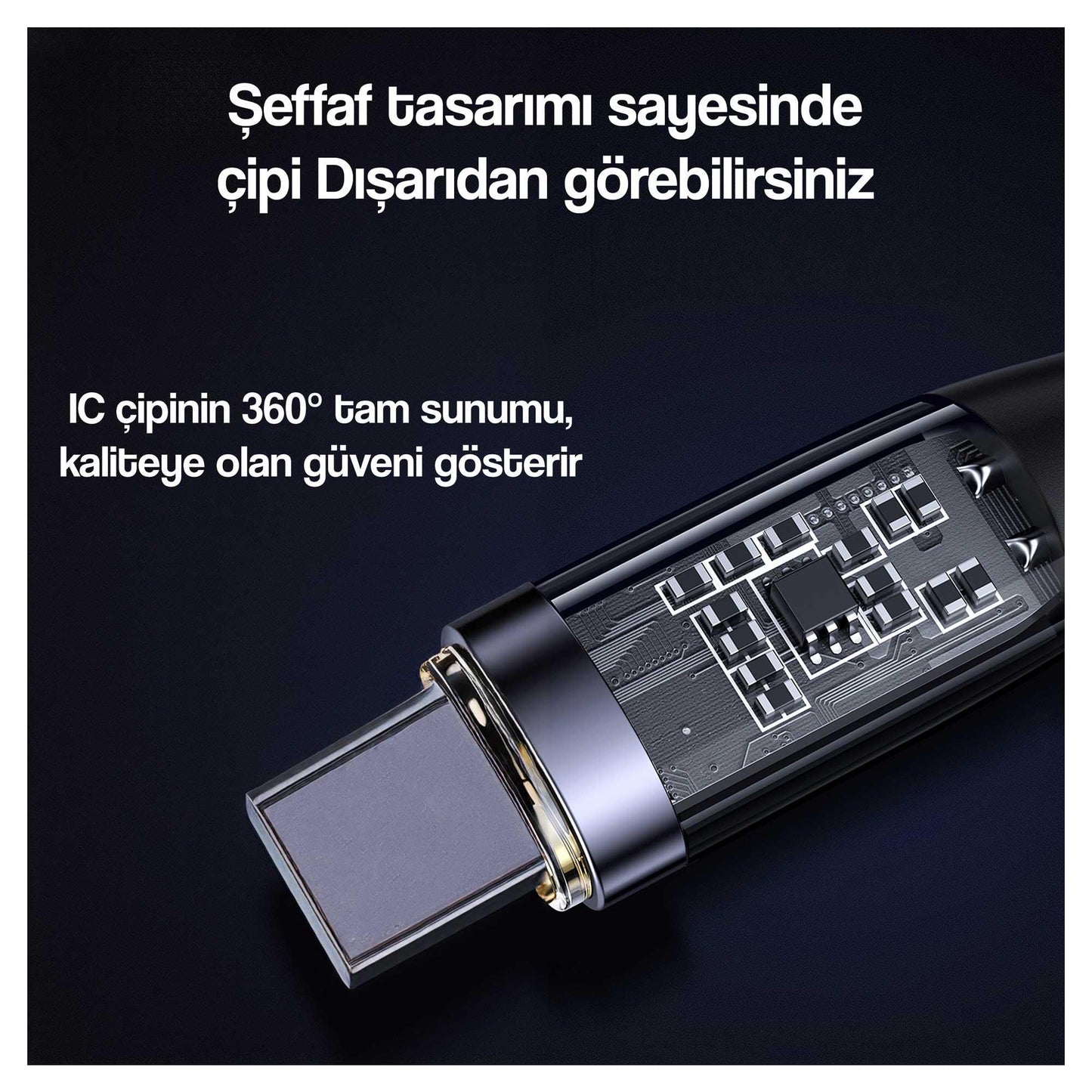 USAMS SJ574 Type-C To Type-C PD 100W Şeffaf Çipli Örgülü Hızlı Şarj ve Data Kablosu Siyah
