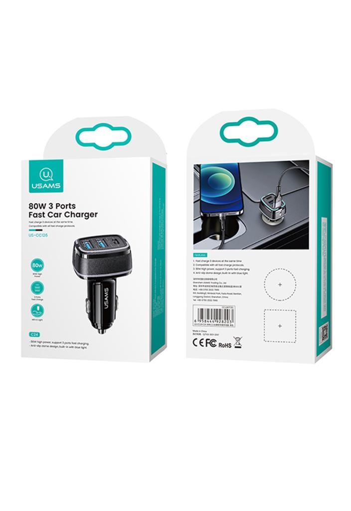 Usams US-CC126 PD Type-C + 2xUSB-A 80W Çakmaklık Hızlı Şarj Cihazı
