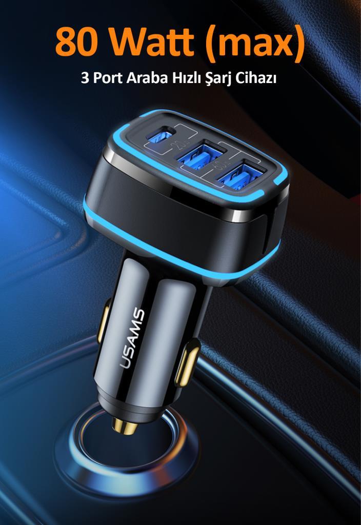 Usams US-CC126 PD Type-C + 2xUSB-A 80W Çakmaklık Hızlı Şarj Cihazı
