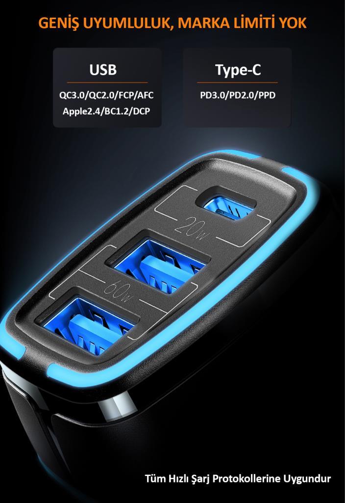 Usams US-CC126 PD Type-C + 2xUSB-A 80W Çakmaklık Hızlı Şarj Cihazı