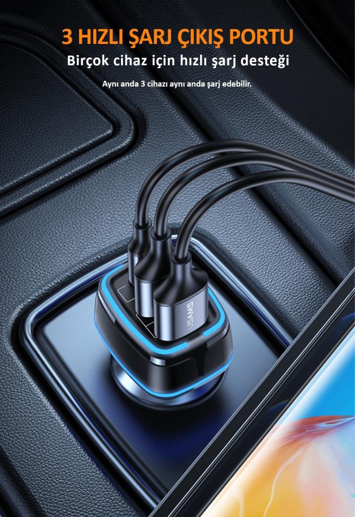 Usams US-CC126 PD Type-C + 2xUSB-A 80W Çakmaklık Hızlı Şarj Cihazı