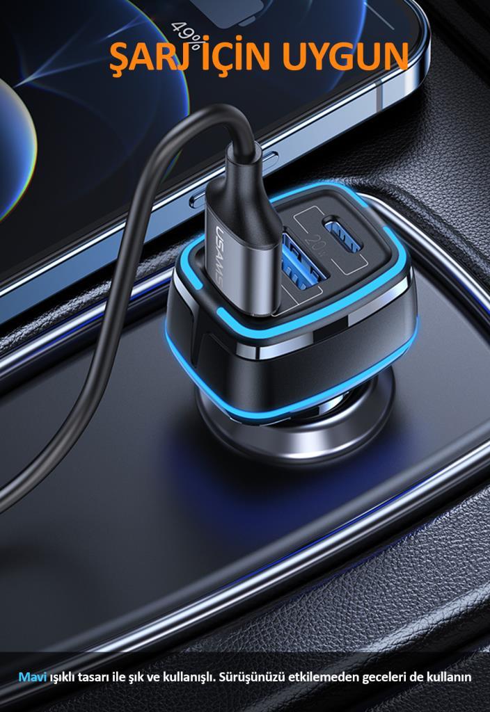 Usams US-CC126 PD Type-C + 2xUSB-A 80W Çakmaklık Hızlı Şarj Cihazı