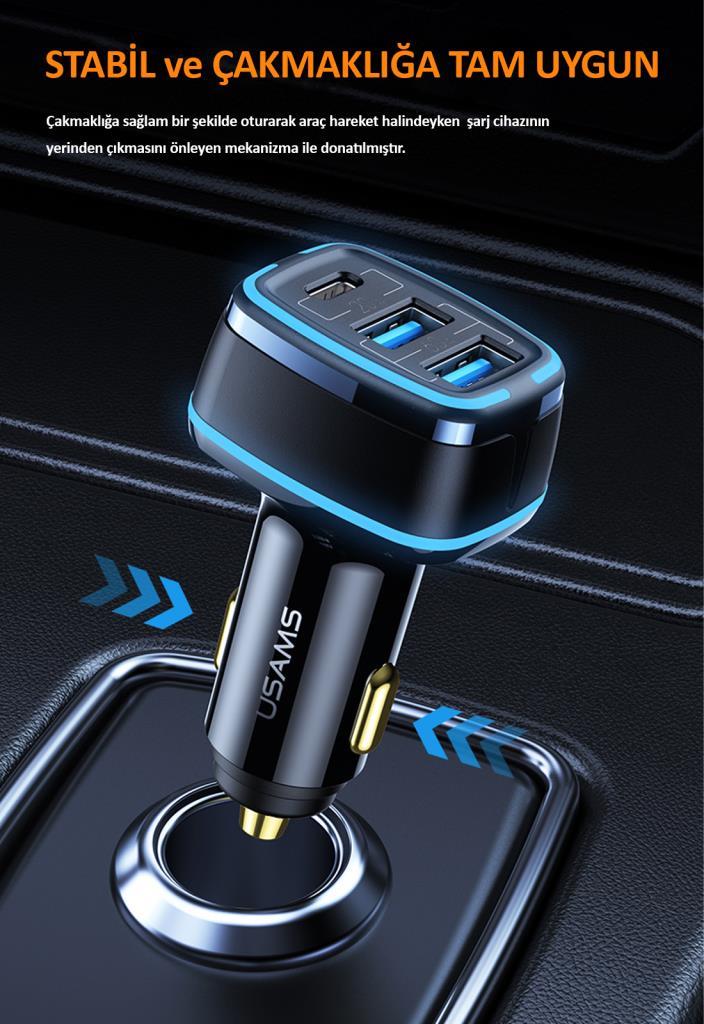 Usams US-CC126 PD Type-C + 2xUSB-A 80W Çakmaklık Hızlı Şarj Cihazı