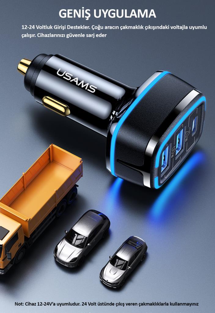 Usams US-CC126 PD Type-C + 2xUSB-A 80W Çakmaklık Hızlı Şarj Cihazı