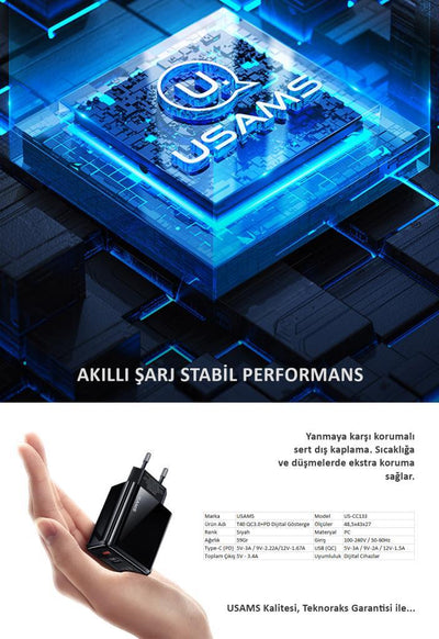 Usams US-CC133 T40 20W QC3.0+PD Type-C+USB Dijital Göstergeli Hızlı Şarj Başlığı