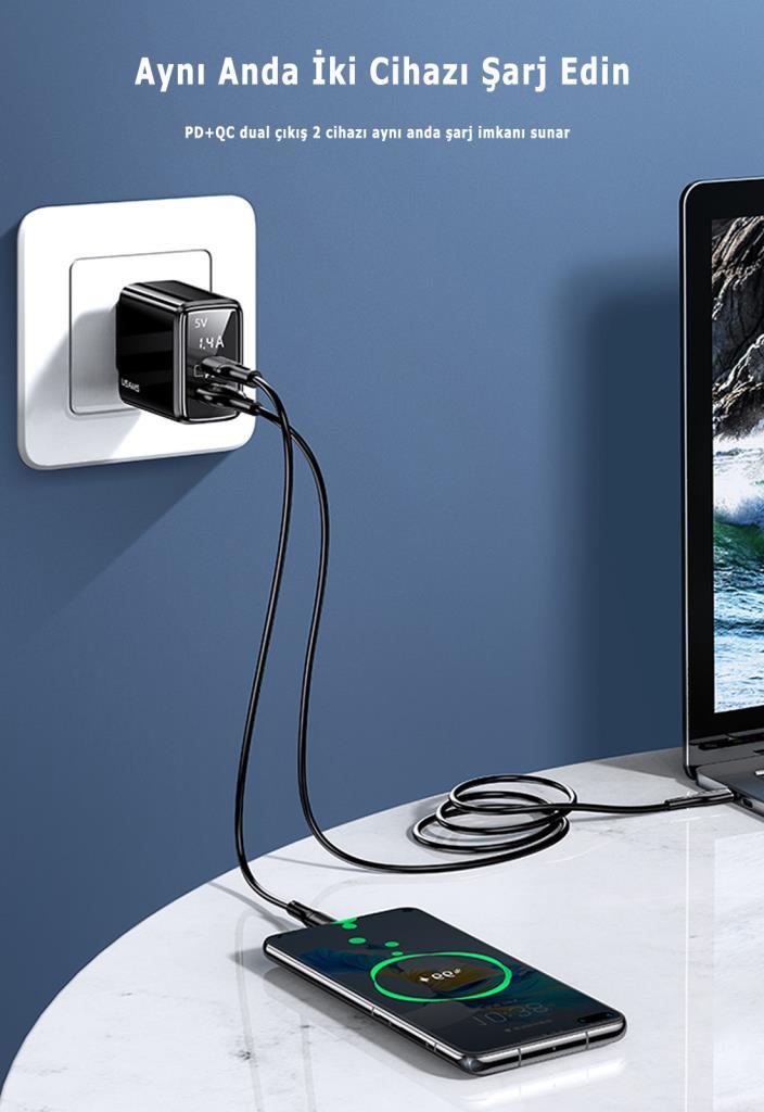 Usams US-CC133 T40 20W QC3.0+PD Type-C+USB Dijital Göstergeli Hızlı Şarj Başlığı