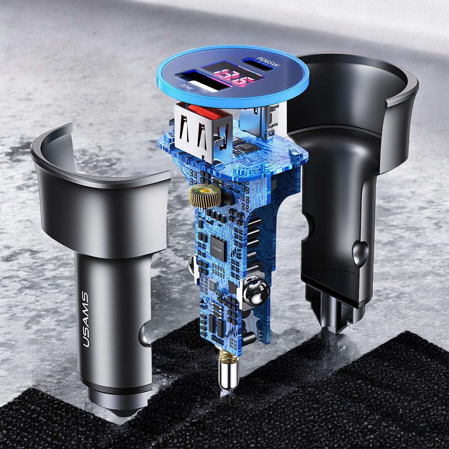 Usams US-CC146 95W (Type-C+USB) Çift Bağlantı Noktalı Hızlı Araç Şarj Soketi-Gri
