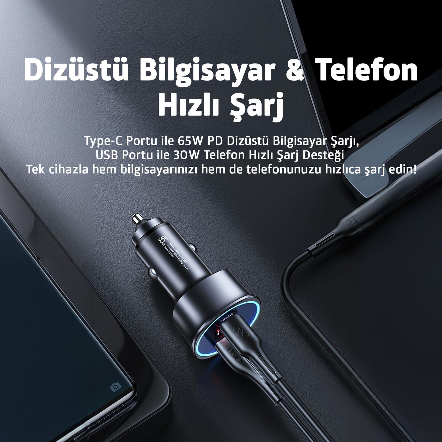 Usams US-CC146 95W (Type-C+USB) Çift Bağlantı Noktalı Hızlı Araç Şarj Soketi-Gri