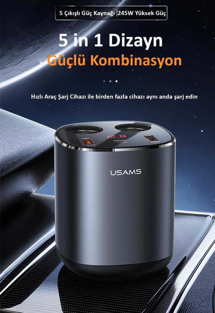 Usams US-CC151 Dijital Göstergeli 2x30w USB+1x65w PD+2x60w Çakmaklık 245w Araç Hızlı Şarj Organizeri