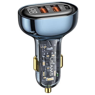 Usams US-CC158 125W (Type-C+USB) Üç Bağlantı Noktalı Hızlı Araç Şarj Soketi-Mavi