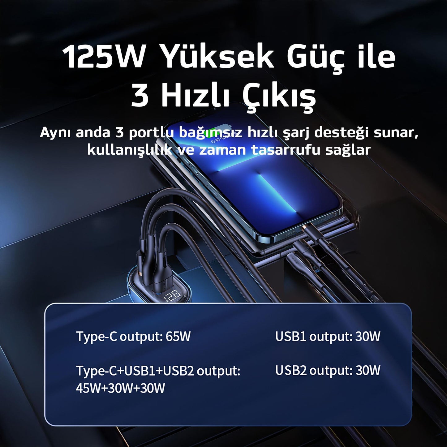 Usams US-CC158 125W (Type-C+USB) Üç Bağlantı Noktalı Hızlı Araç Şarj Soketi-Mavi