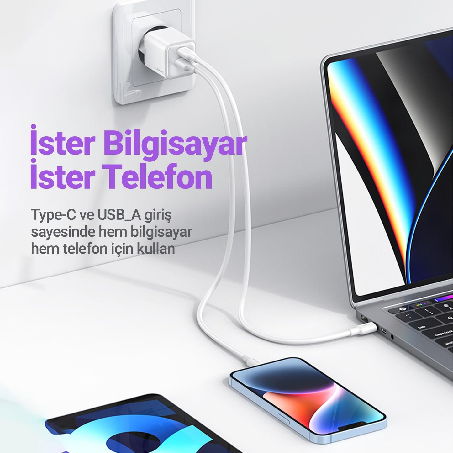 Usams US-CC189P 30W QC+PD (Type-C+USB) Mini Hızlı Şarj Başlığı-Mor