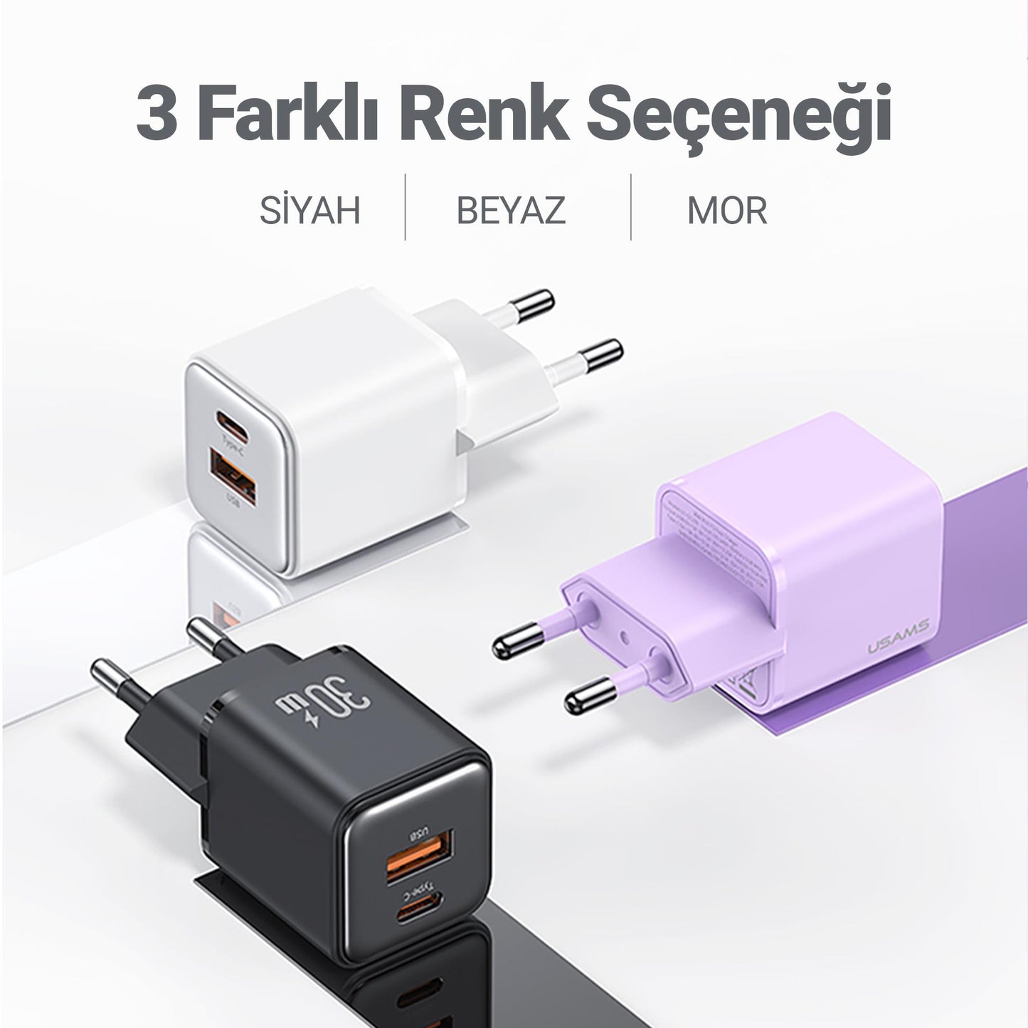 Usams US-CC189W 30W QC+PD (Type-C+USB) Mini Hızlı Şarj Başlığı-Beyaz