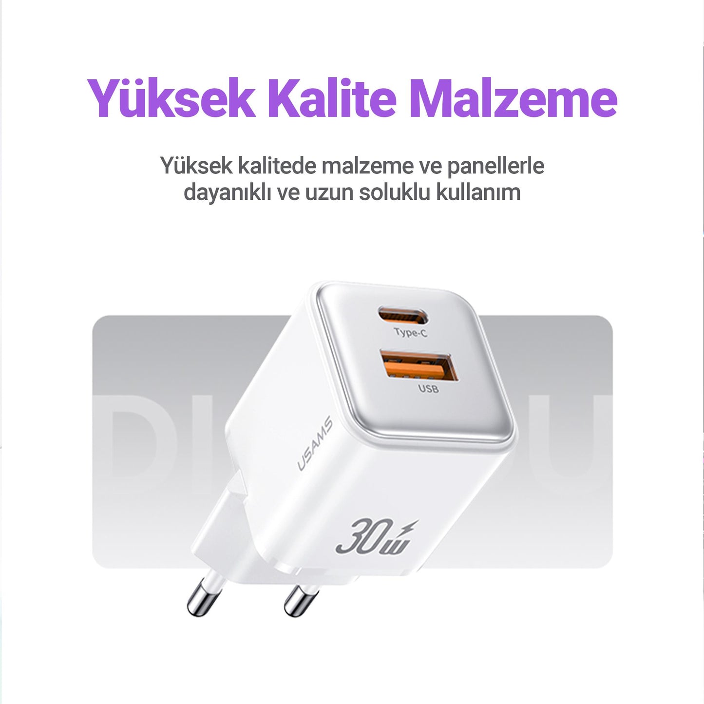 Usams US-CC189W 30W QC+PD (Type-C+USB) Mini Hızlı Şarj Başlığı-Beyaz