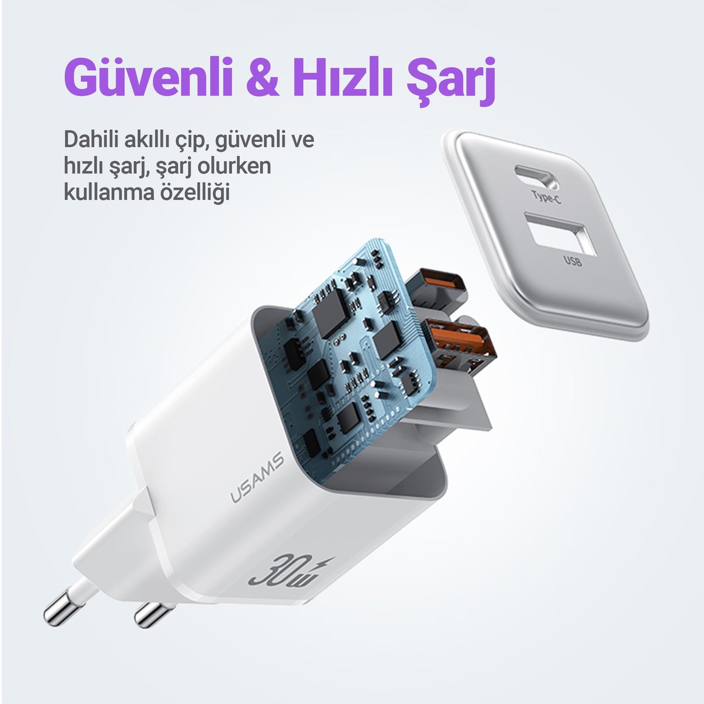 Usams US-CC189W 30W QC+PD (Type-C+USB) Mini Hızlı Şarj Başlığı-Beyaz