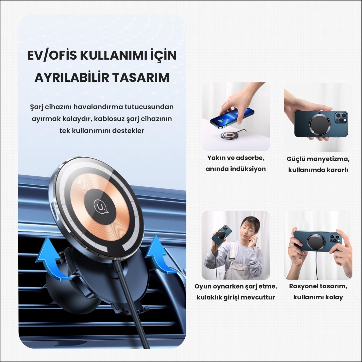 Usams US-CD164 15W 3in1 Ultra-Slim Ev ve Araç için iPhone Magsafe Şarj ve Araç içi Telefon Tutucu