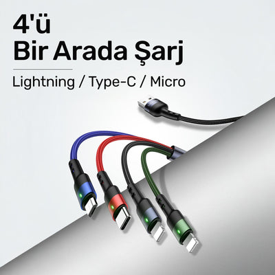 Usams US-SJ317 4in1 2*Lightning 1*Type-C 1*Micro Uçlu 1.2m 2A Örgülü Renkli Şarj ve Data Kablosu