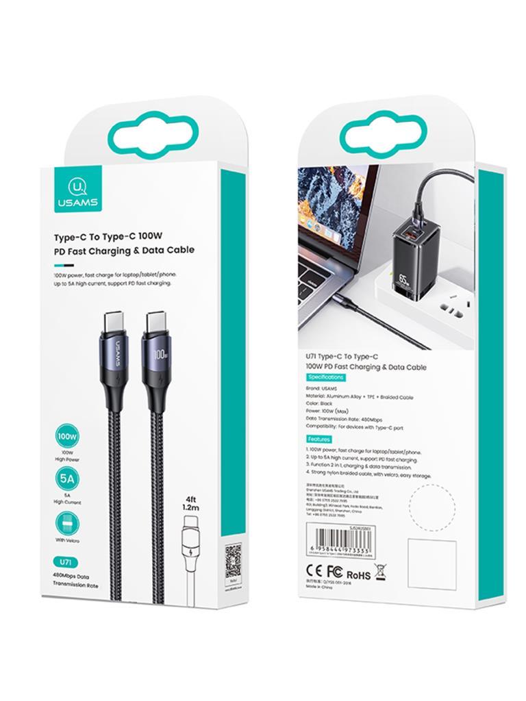 Usams US-SJ524 Örgülü 1.2m Type-C to Type-C 100w PD Hızlı Şarj ve Data Kablosu