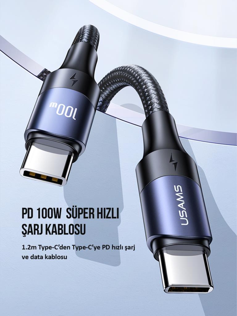 Usams US-SJ524 Örgülü 1.2m Type-C to Type-C 100w PD Hızlı Şarj ve Data Kablosu