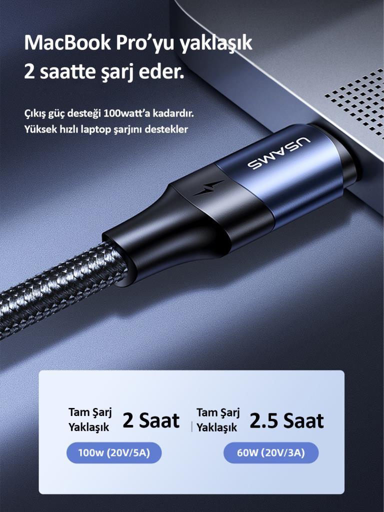 Usams US-SJ524 Örgülü 1.2m Type-C to Type-C 100w PD Hızlı Şarj ve Data Kablosu