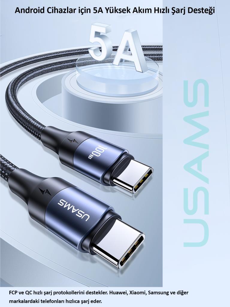 Usams US-SJ524 Örgülü 1.2m Type-C to Type-C 100w PD Hızlı Şarj ve Data Kablosu