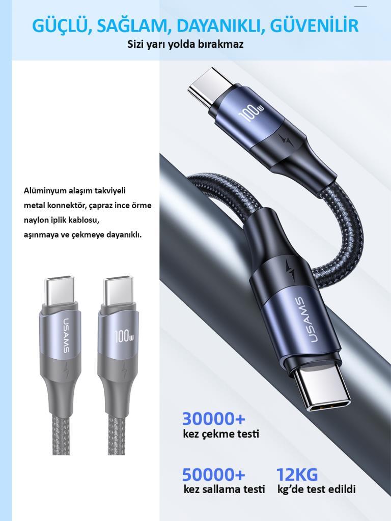 Usams US-SJ524 Örgülü 1.2m Type-C to Type-C 100w PD Hızlı Şarj ve Data Kablosu