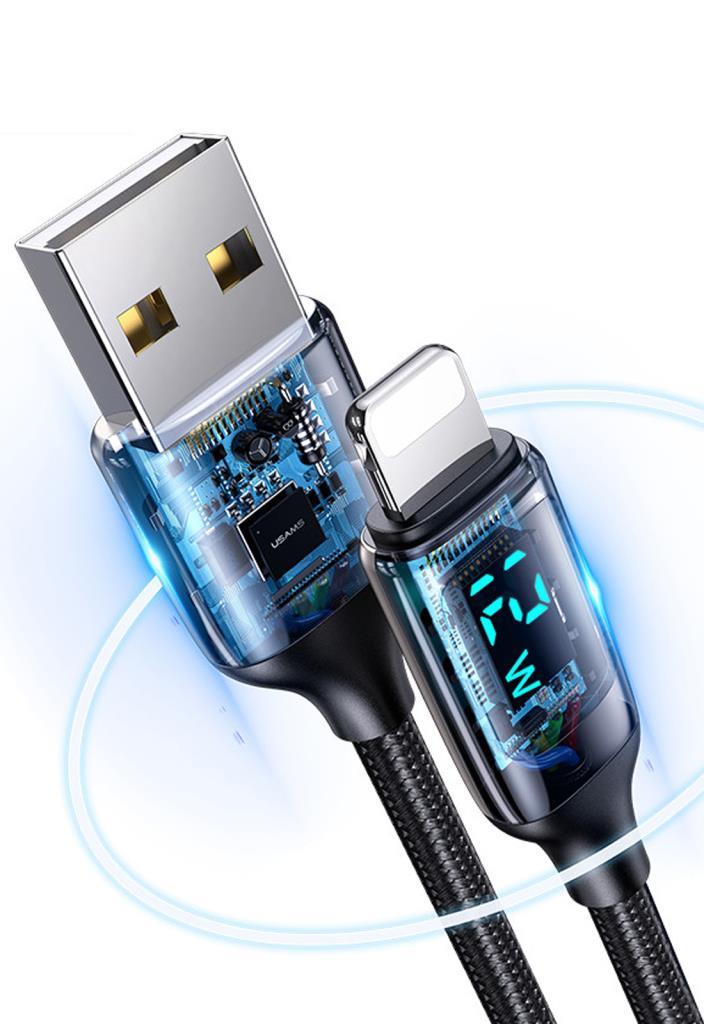 Usams US-SJ543 Dijital Göstergeli,Çipli,Örgülü, 1.2m 2.4A Lightning iPhone Şarj ve Data Kablosu