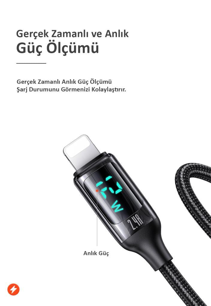 Usams US-SJ543 Dijital Göstergeli,Çipli,Örgülü, 1.2m 2.4A Lightning iPhone Şarj ve Data Kablosu