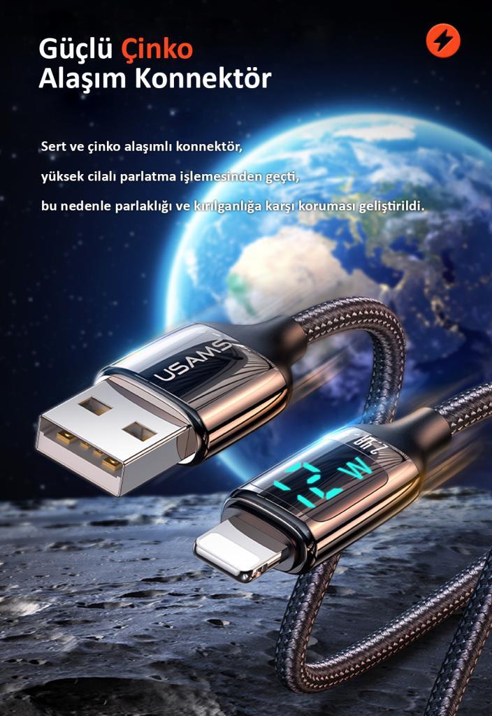 Usams US-SJ543 Dijital Göstergeli,Çipli,Örgülü, 1.2m 2.4A Lightning iPhone Şarj ve Data Kablosu